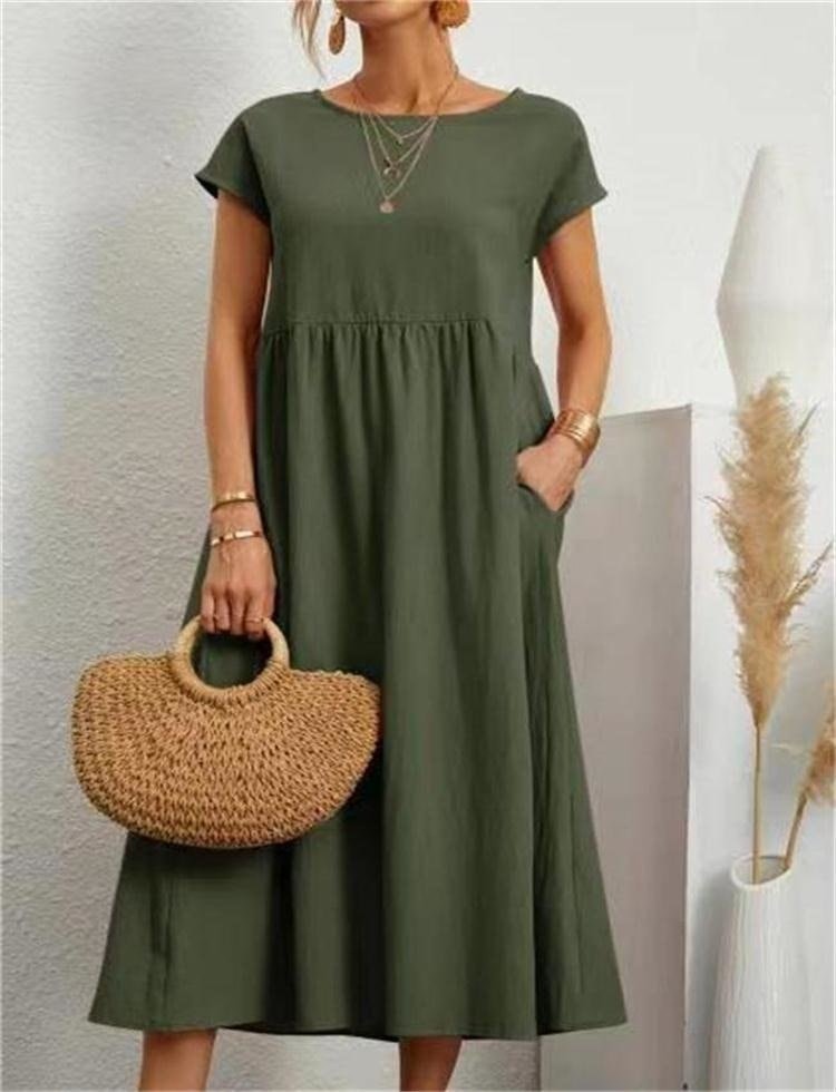 Cotton Blend Women's Midi Dress with Pockets and Cap Sleeves