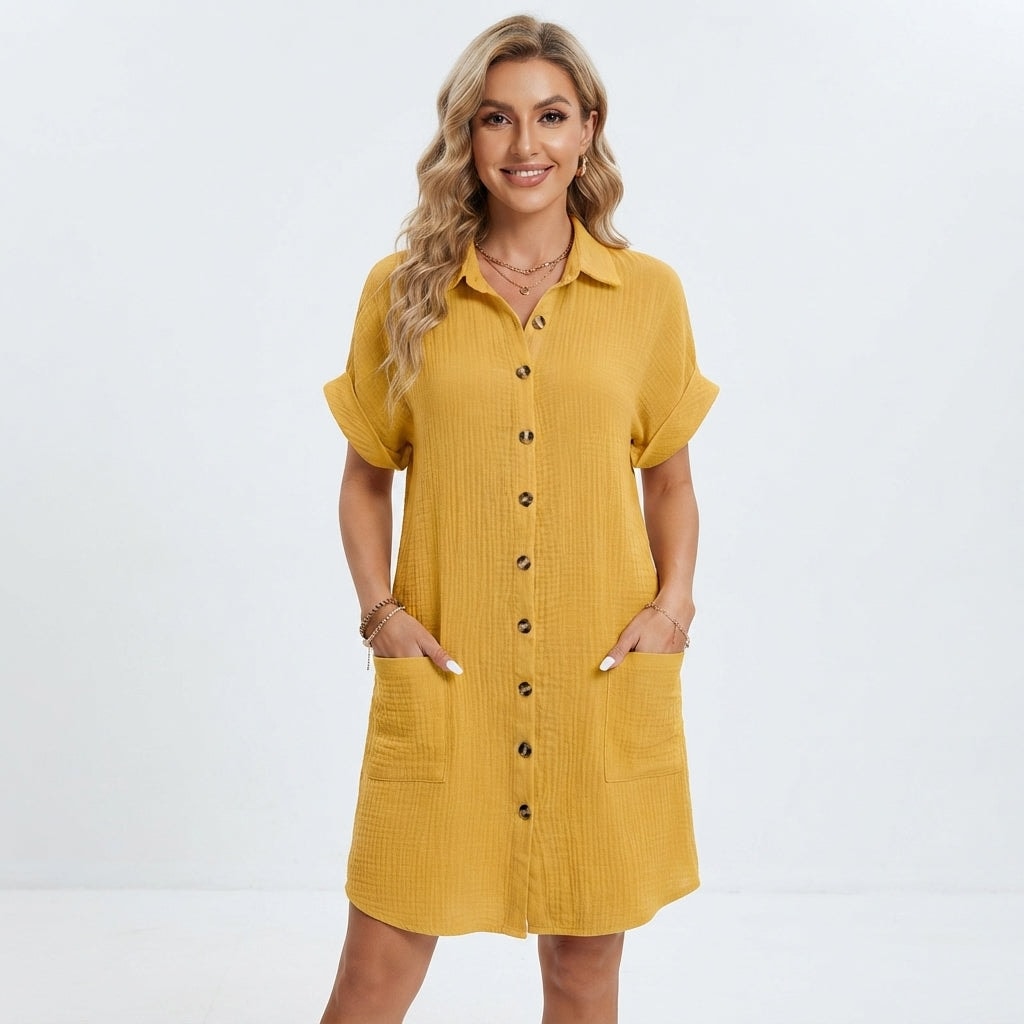 Emilia Weston Cotton Linen Button-Front Shirt Dress for Women