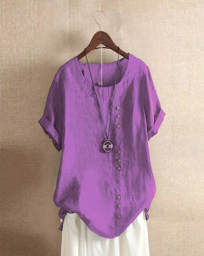 Halvorn Relaxed Linen Summer Top with Short Sleeves and Side Button Detail