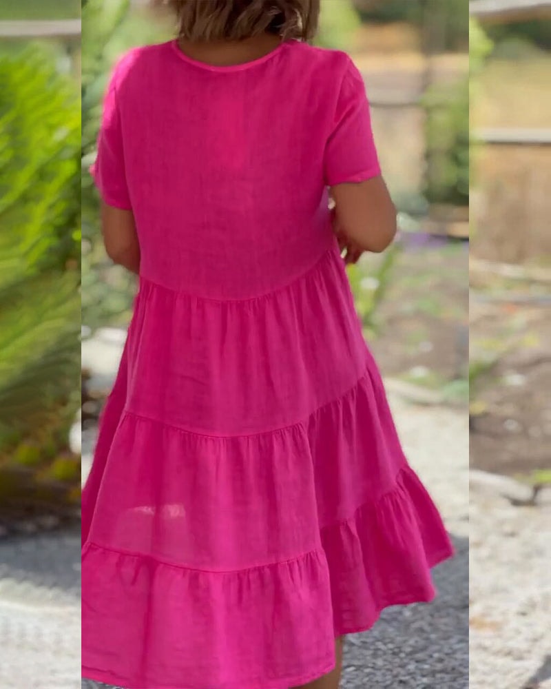 Elsie Tiered V-Neck Cotton Linen Summer Dress with Short Sleeves