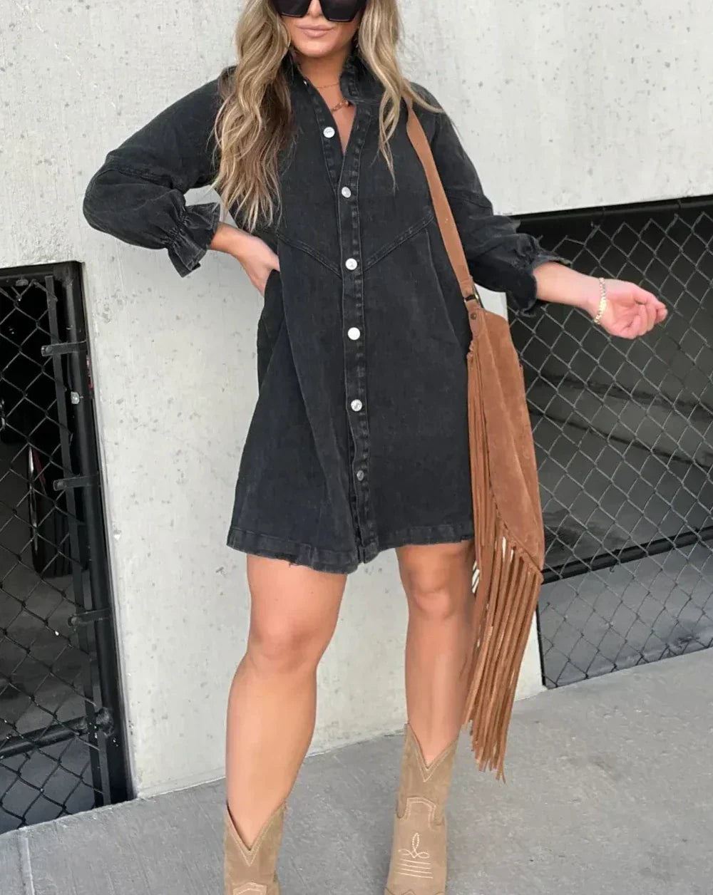 Daniela Denim Button-Down Ruffle-Sleeve Mini Shirt Dress for Women