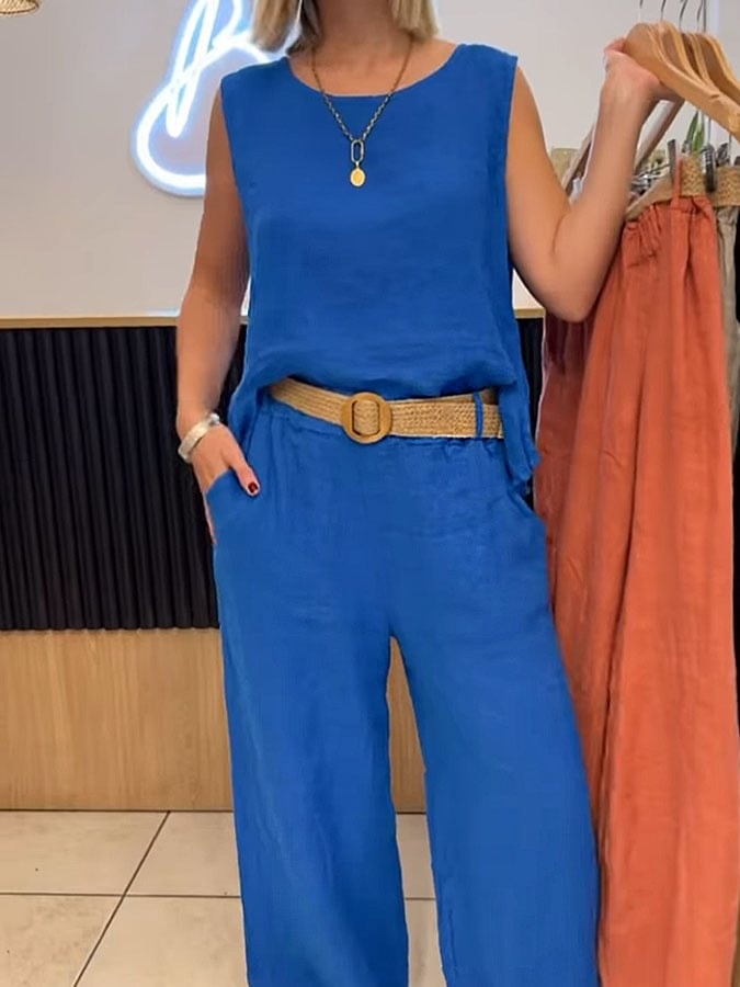 Women's Sleeveless Wide-Leg Linen Jumpsuit with Elastic Waist