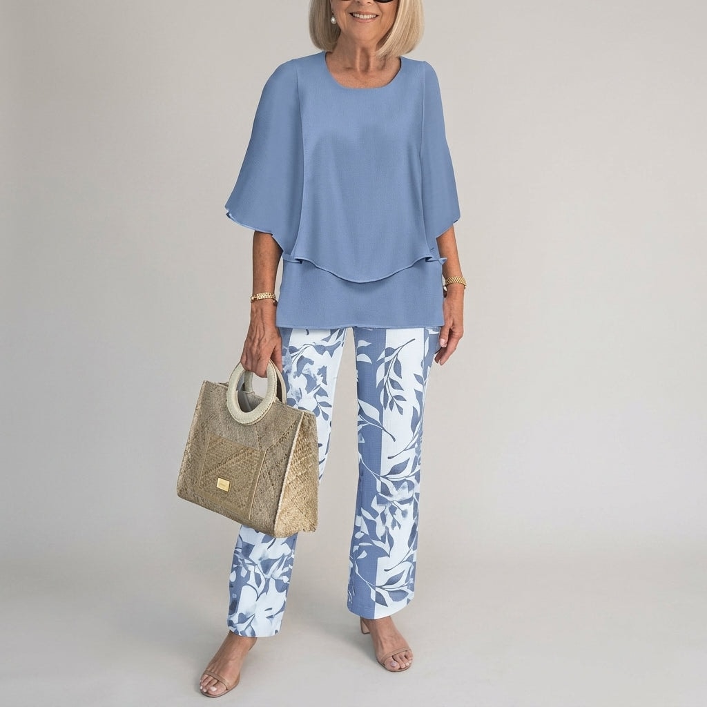 Women's Matching Two-Piece Set with Layered Flutter Top and Wide-Leg Pants