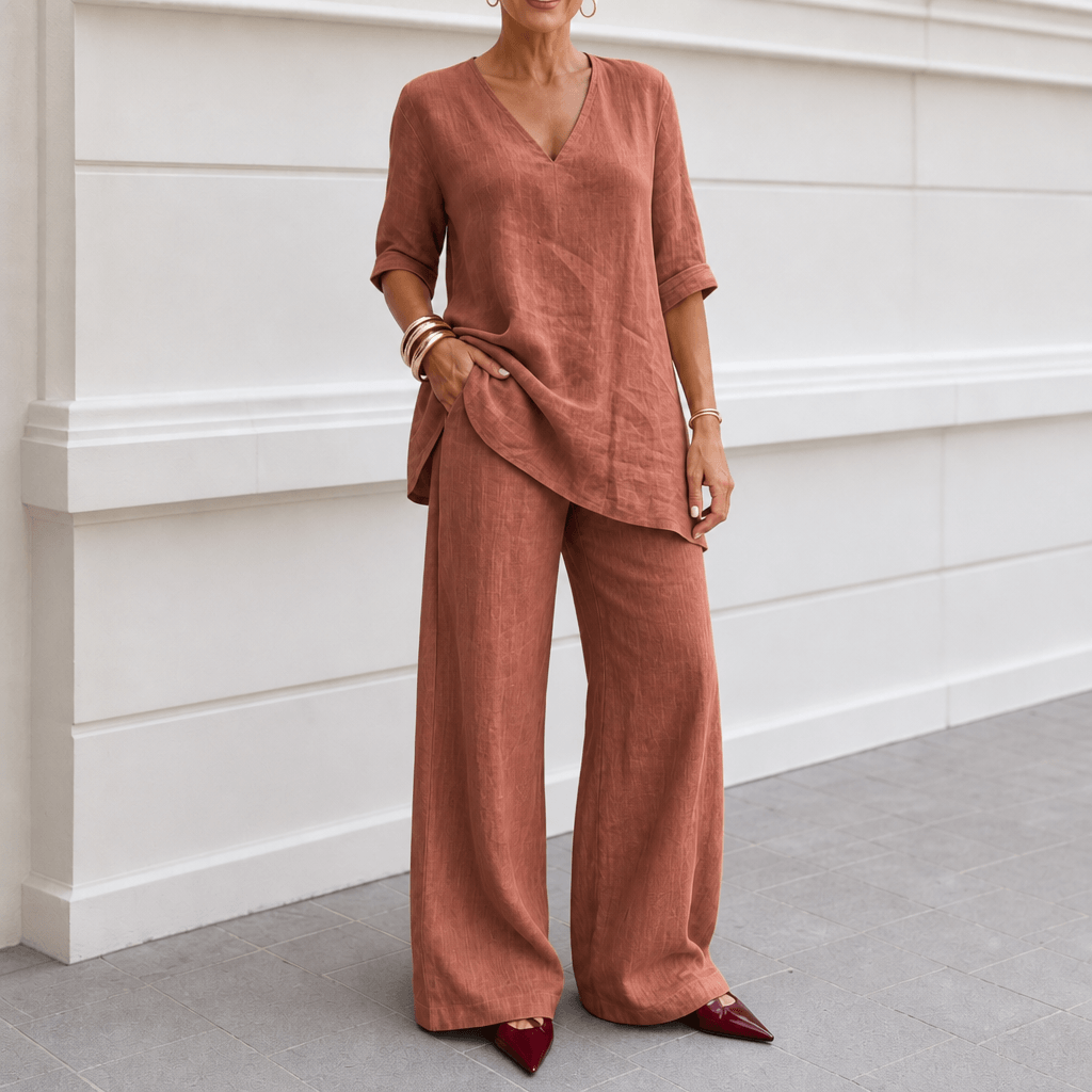 Draperly V-Neck Linen-Look Matching Set with Wide-Leg Pants