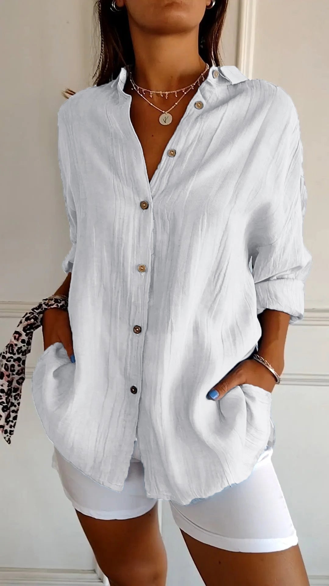 Sasha Pleated Cotton Blend Long-Sleeve Blouse for Women with Button-Up Front