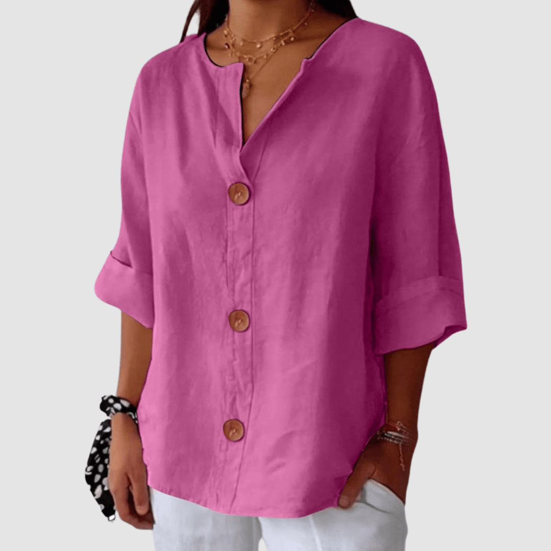 Leah Casual Linen Blouse with V-Neck Button Front and Rolled Sleeves