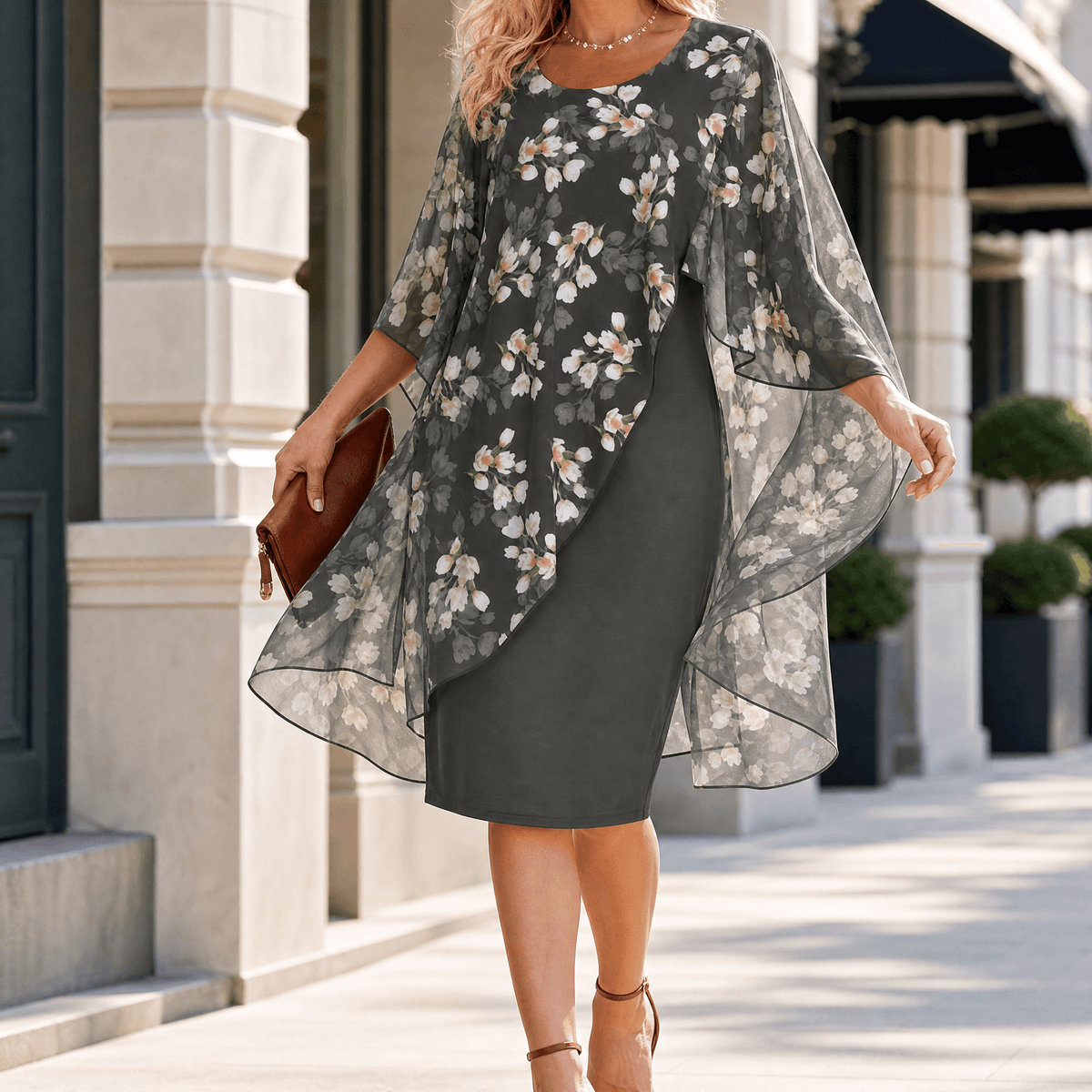 Florevia Floral Chiffon Cape Overlay Women's Midi Dress