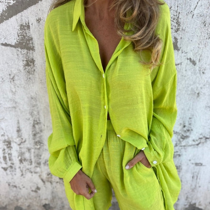 Sasha Two-Piece Matching Linen Shirt and Shorts Set with Long Sleeves