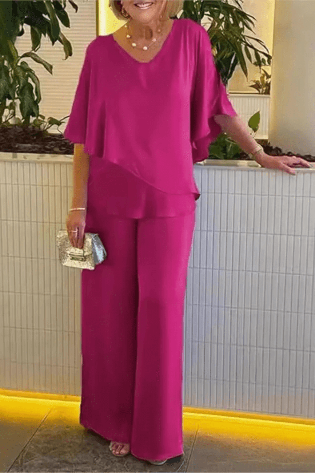 Hannah Sullivan Flowy Chiffon Blouse and Wide-Leg Pants Co-ord Set