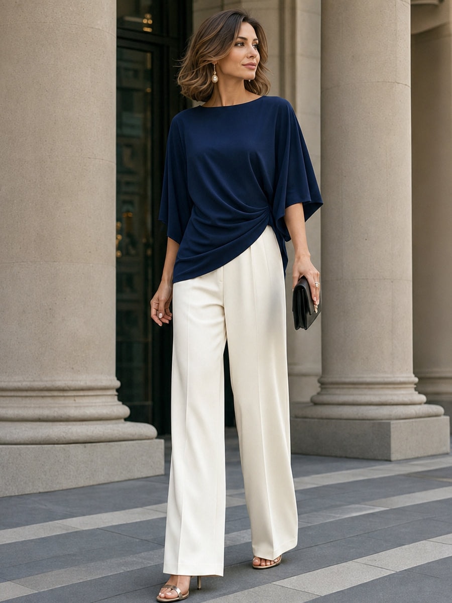 Women's Matching Two-Piece Set with Draped Blouse and Wide-Leg Pants