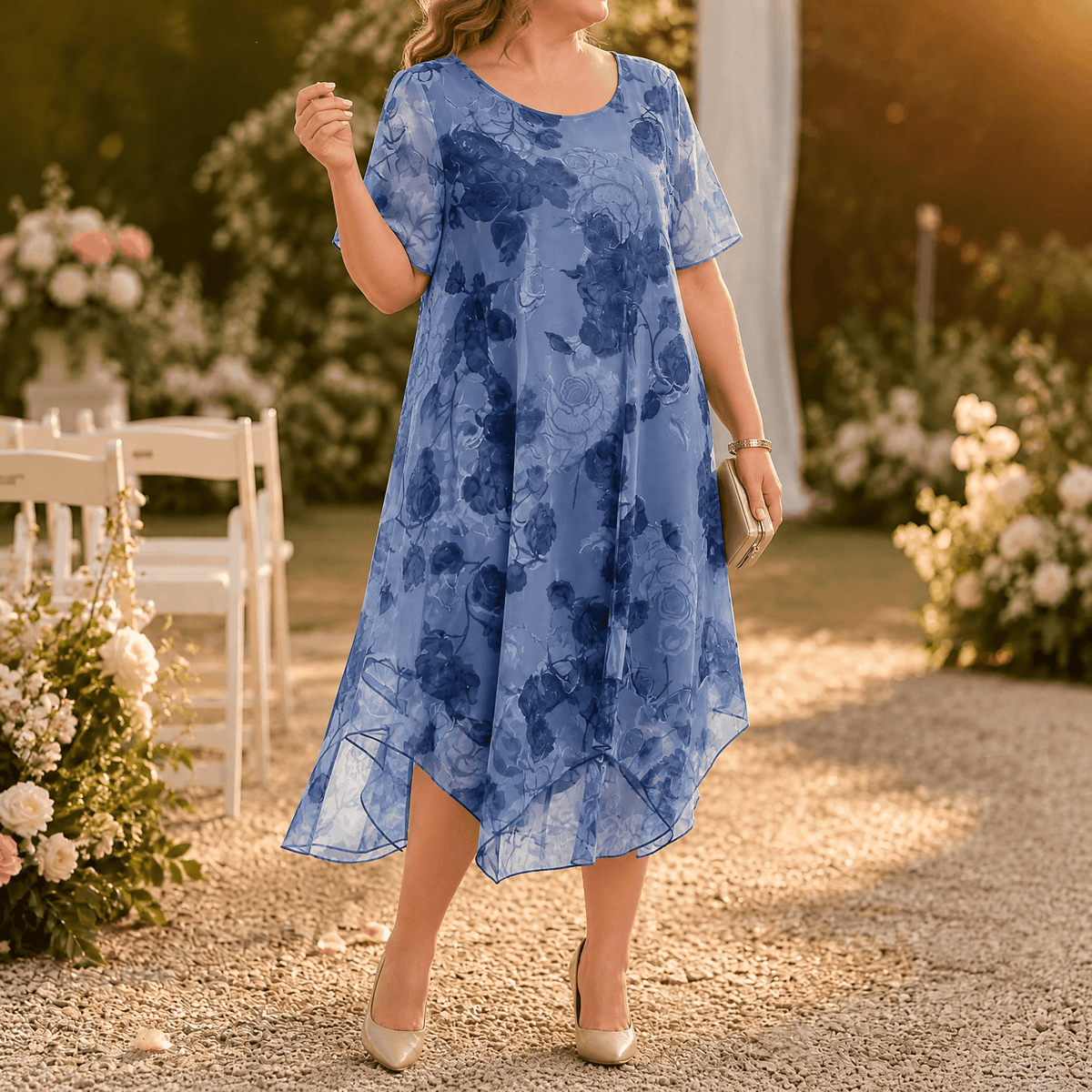 Florenza Print Layered Chiffon Women's Midi Dress with Sheer Sleeves