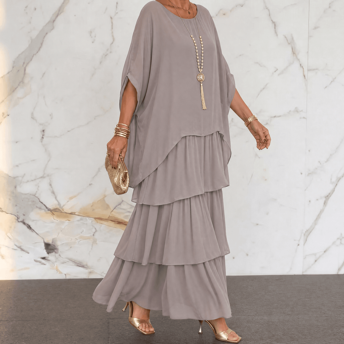 Marella Tiered Chiffon Midi-to-Maxi Dress with Batwing Sleeves