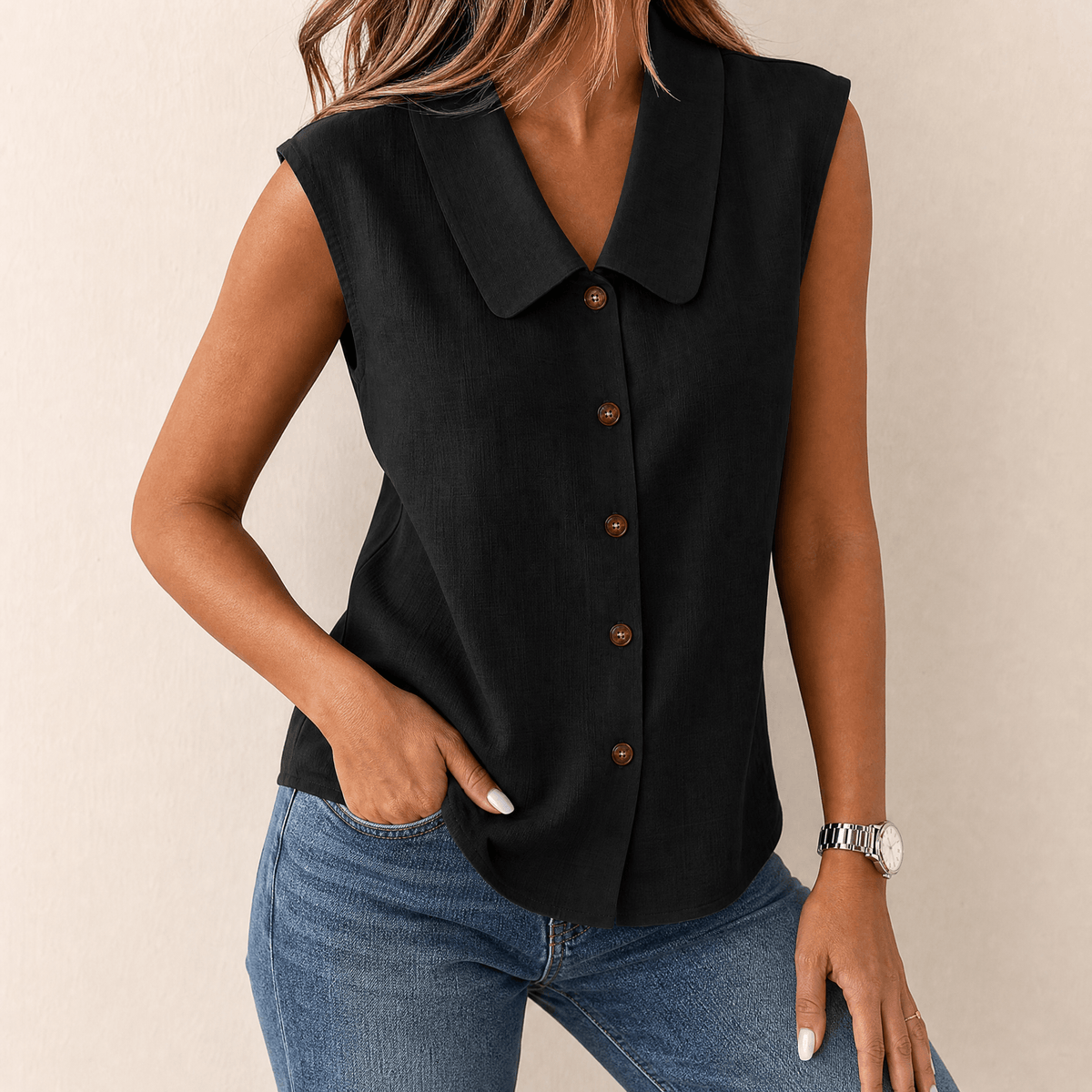 Women's Collared Sleeveless Button-Up Blouse with V-Neck
