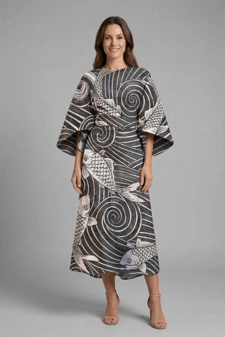 Floral Print Round Neck Women's Midi Dress with Wide Bell Sleeves