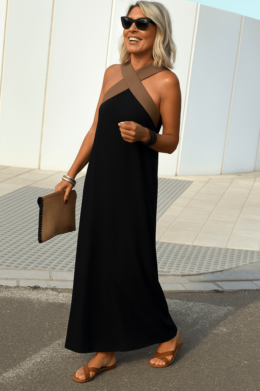 Sleeveless Crossover Halter Linen Summer Maxi Dress with Flowing Skirt