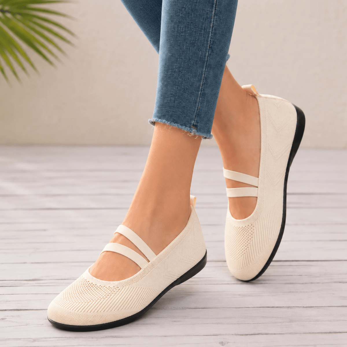 Women's Knit Mary Jane Flats with Elastic Straps and Cushioned Sole