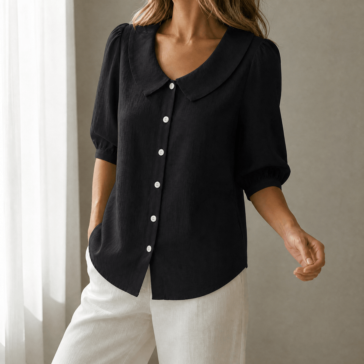 Peter Pan Collar Button-Up Top with Puff Sleeves for Women