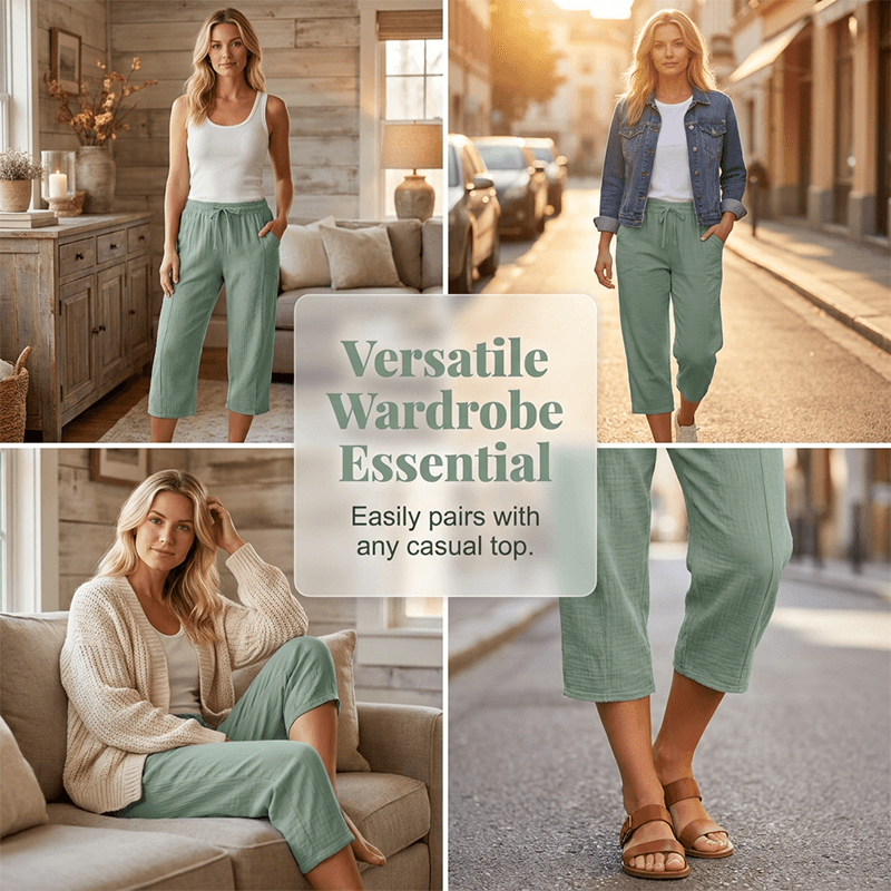 Women's Cotton Linen Cropped Wide-Leg Pants with Drawstring Waist