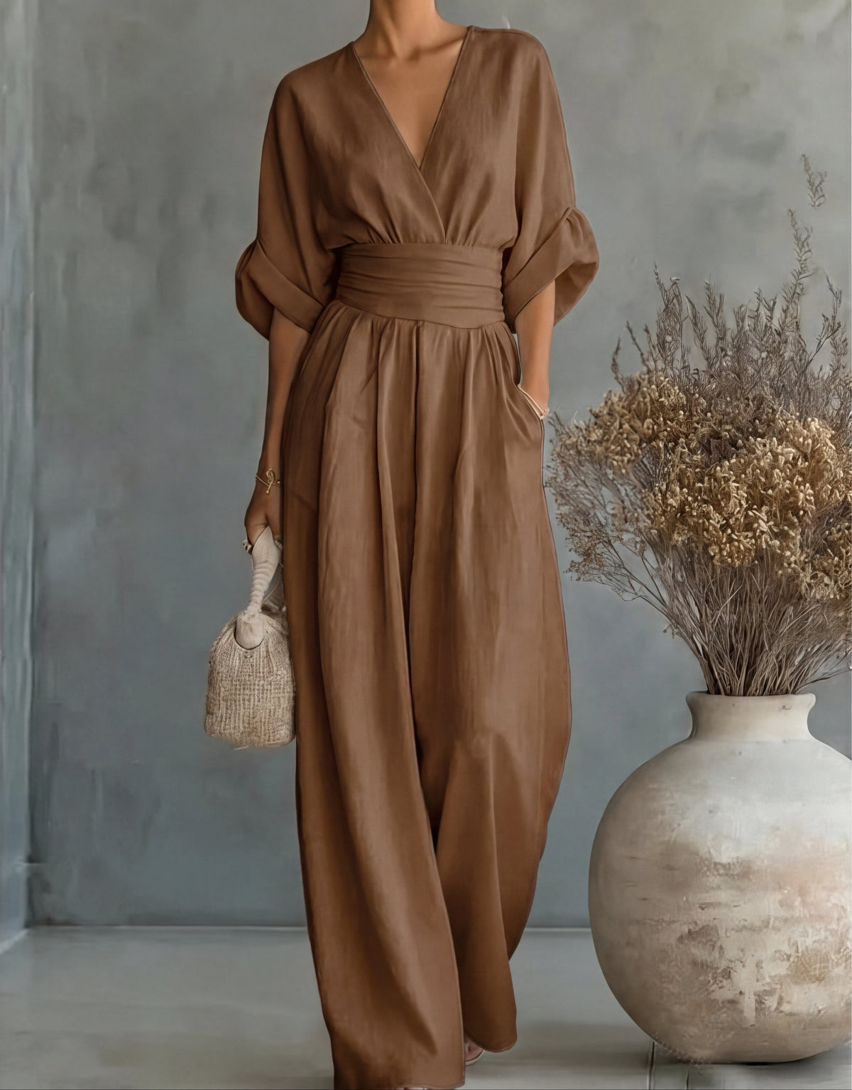 Linen V-Neck Wide-Leg Jumpsuit with Wrap Front and Short Sleeves
