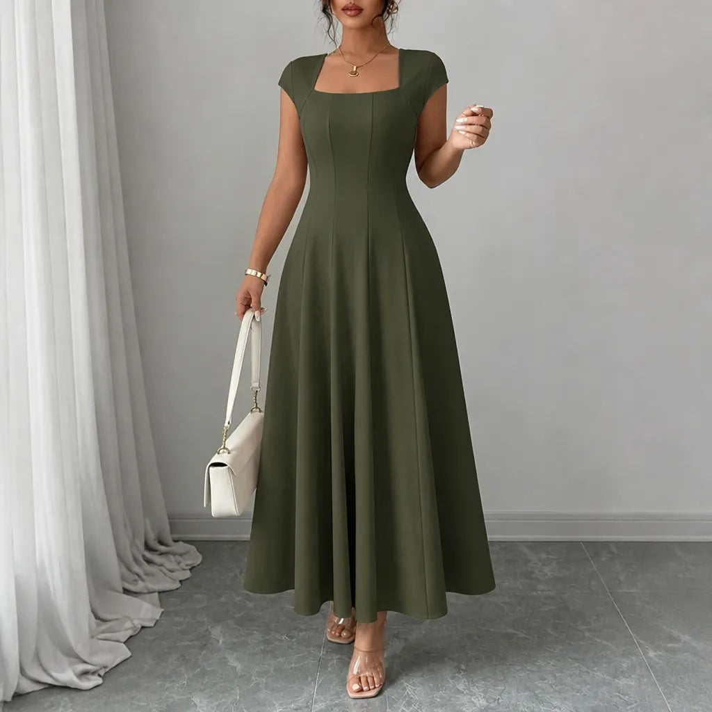 Elowyn Square Neck A-Line Women's Midi Dress with Sculpted Waist Seams