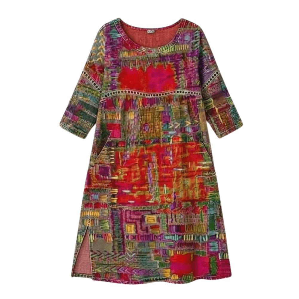 Women's Artisan Patchwork Print Long Sleeve Dress with Pockets