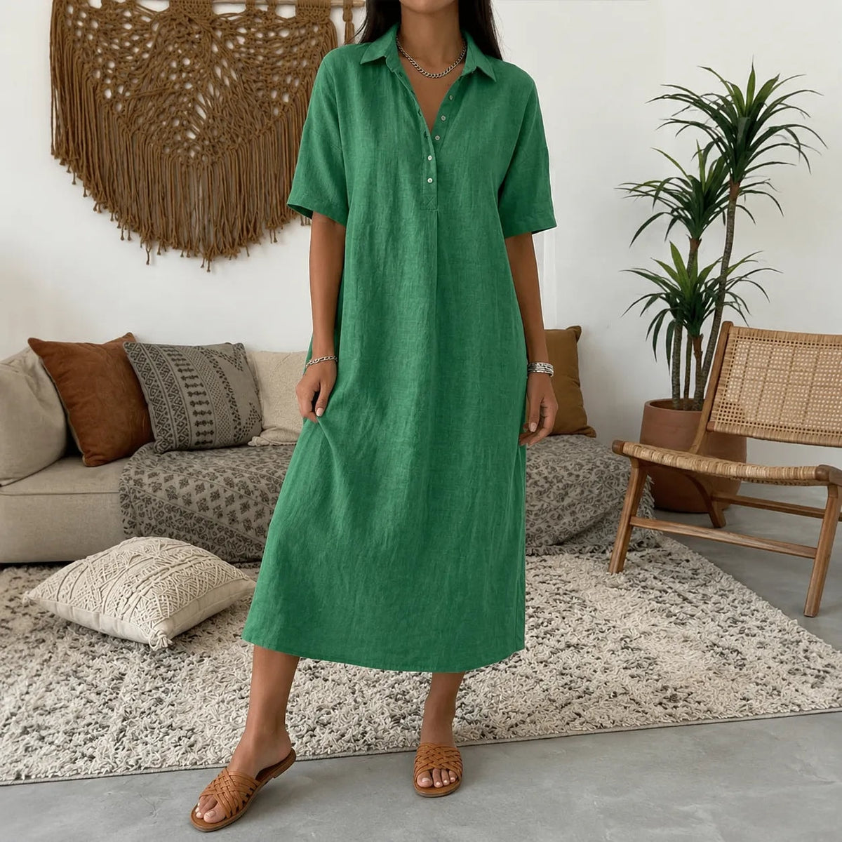 Lunavia Oversized Linen-Look Midi Summer Shirt Dress with Short Sleeves