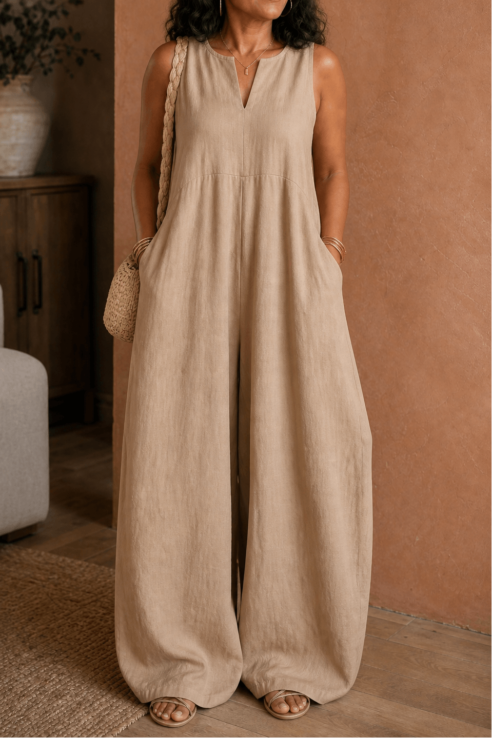 Women's Wide-Leg V-Neck Linen-Look Jumpsuit with Pockets