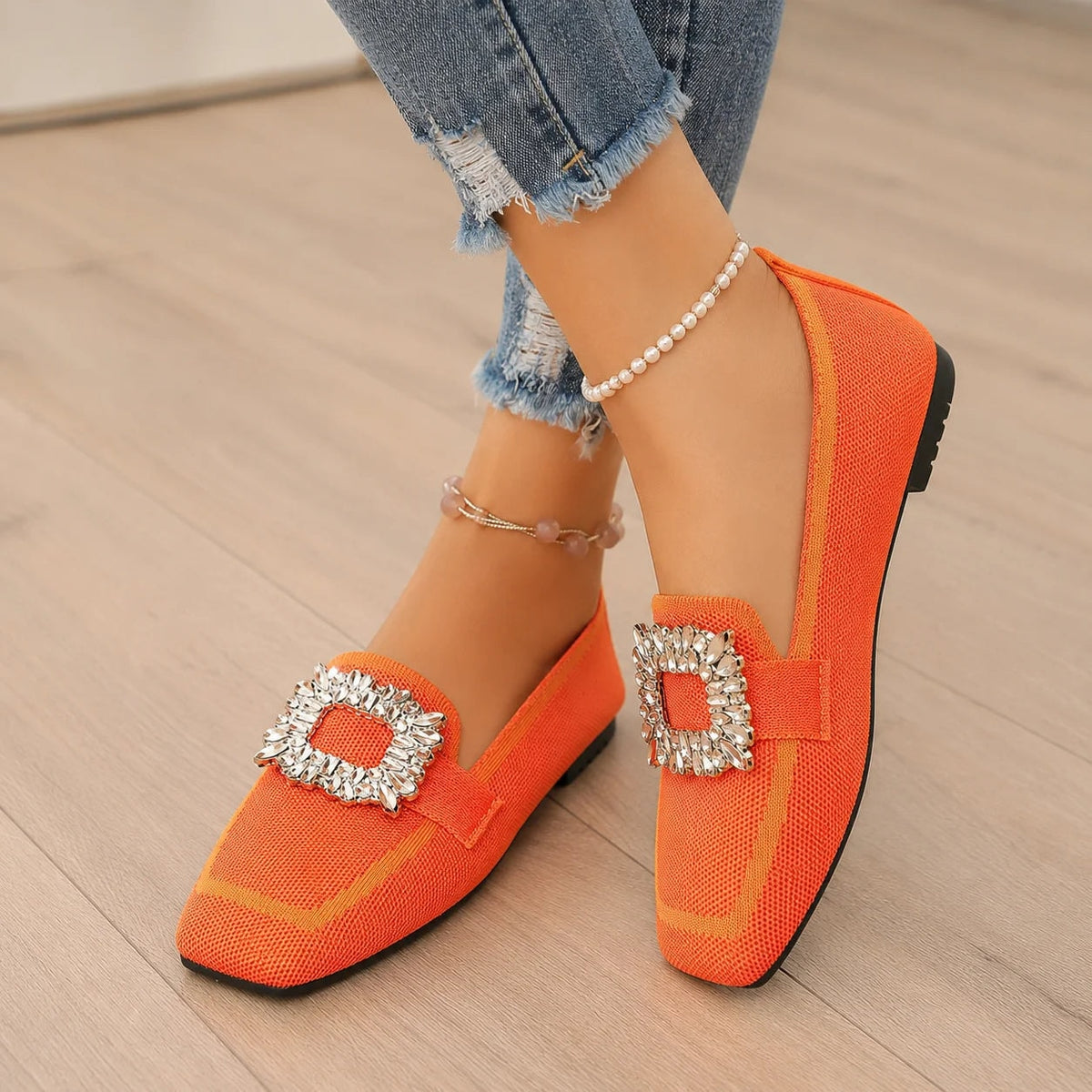 Crystal Buckle Square-Toe Knit Loafer Flats for Women