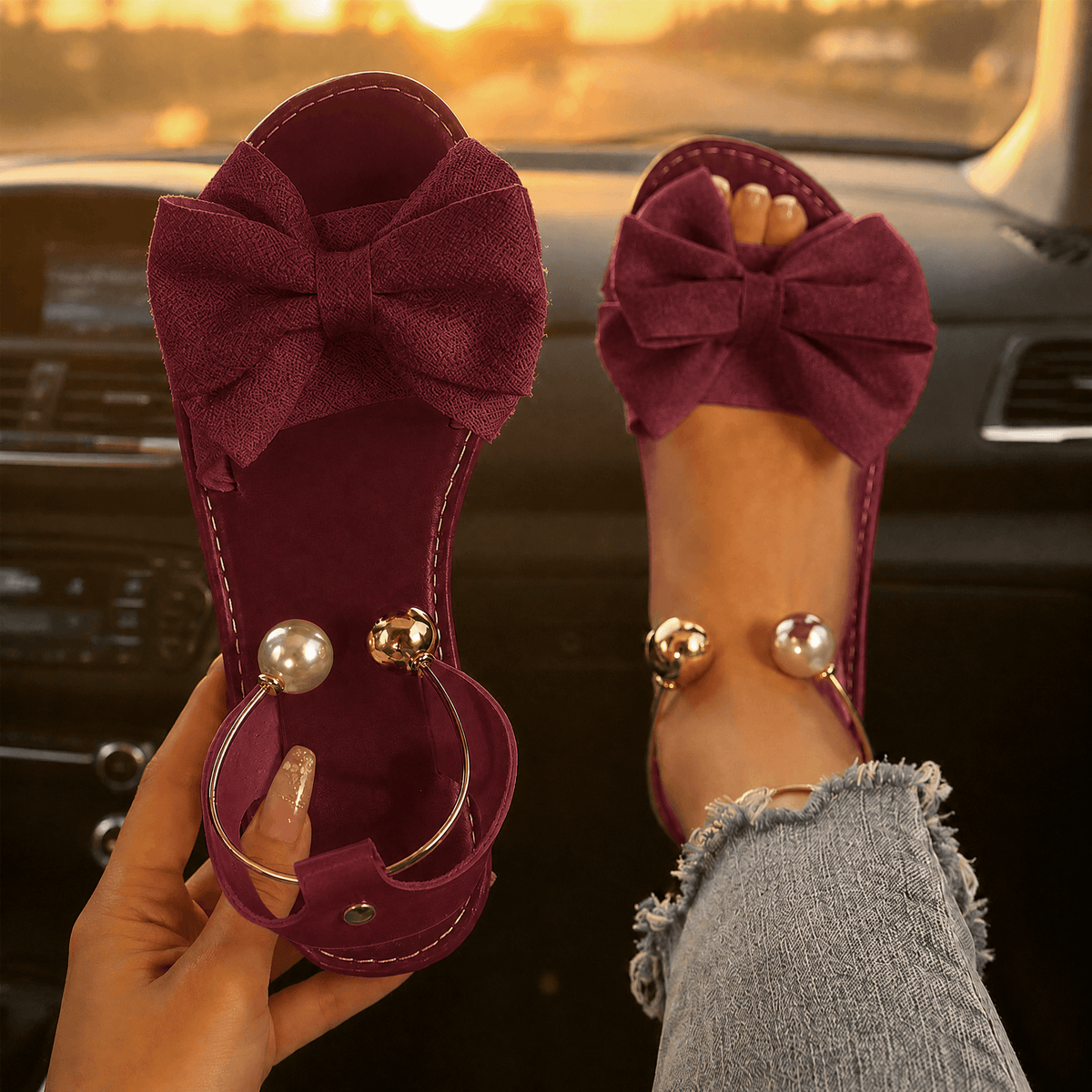 Lunabow Women's Cushioned Flat Sandals with Bow and Pearl Ankle Cuff