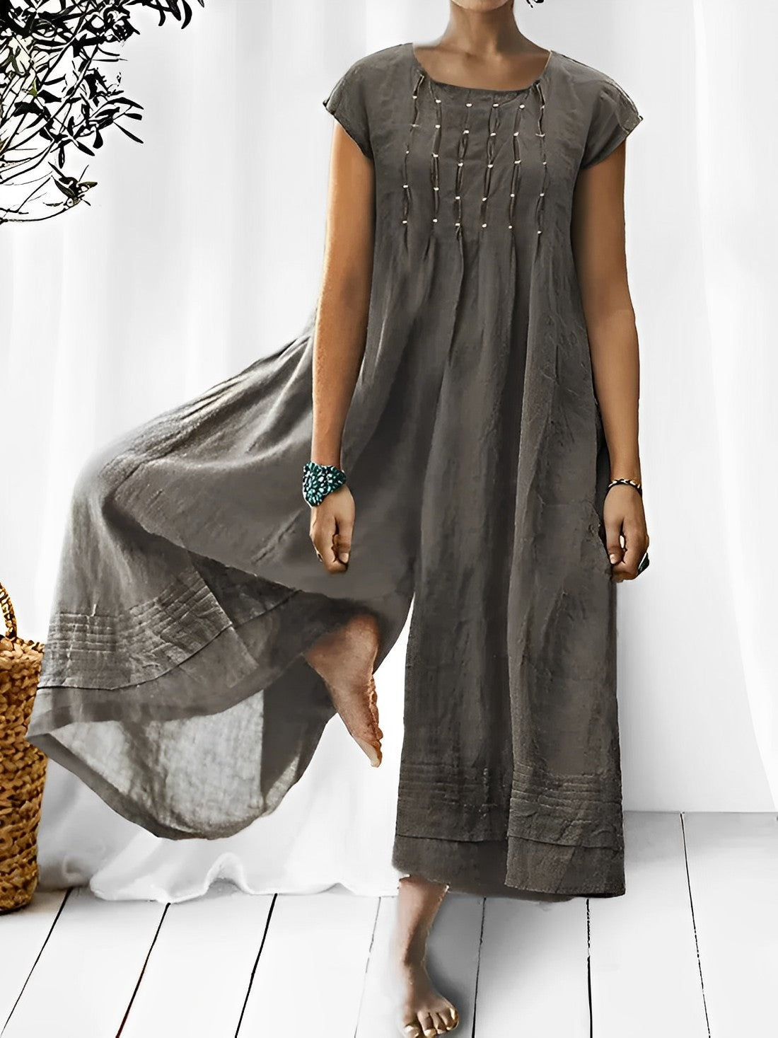 Women's Wide-Leg Sleeveless Linen Pant Jumpsuit with Scoop Neck