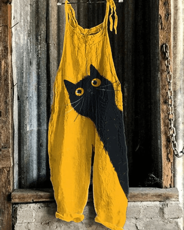 Women's Sleeveless Linen Overall Jumpsuit with Cat Print