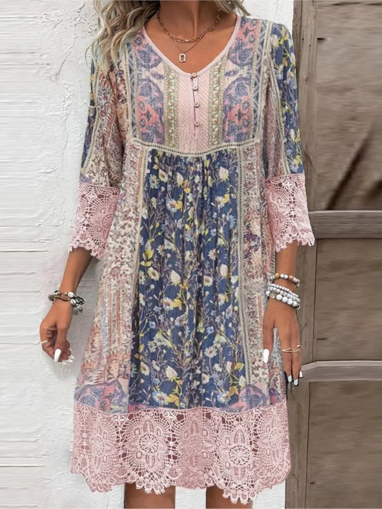 Maya Floral Patchwork V-Neck Midi Dress with Lace Trim for Women