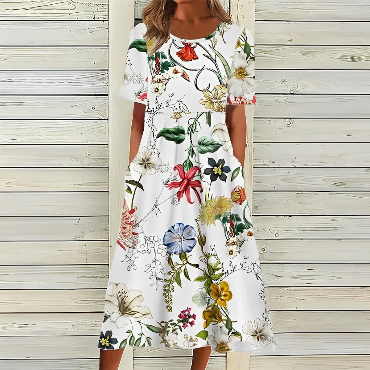 Floral Print Short-Sleeve Women's Midi Dress with Pockets