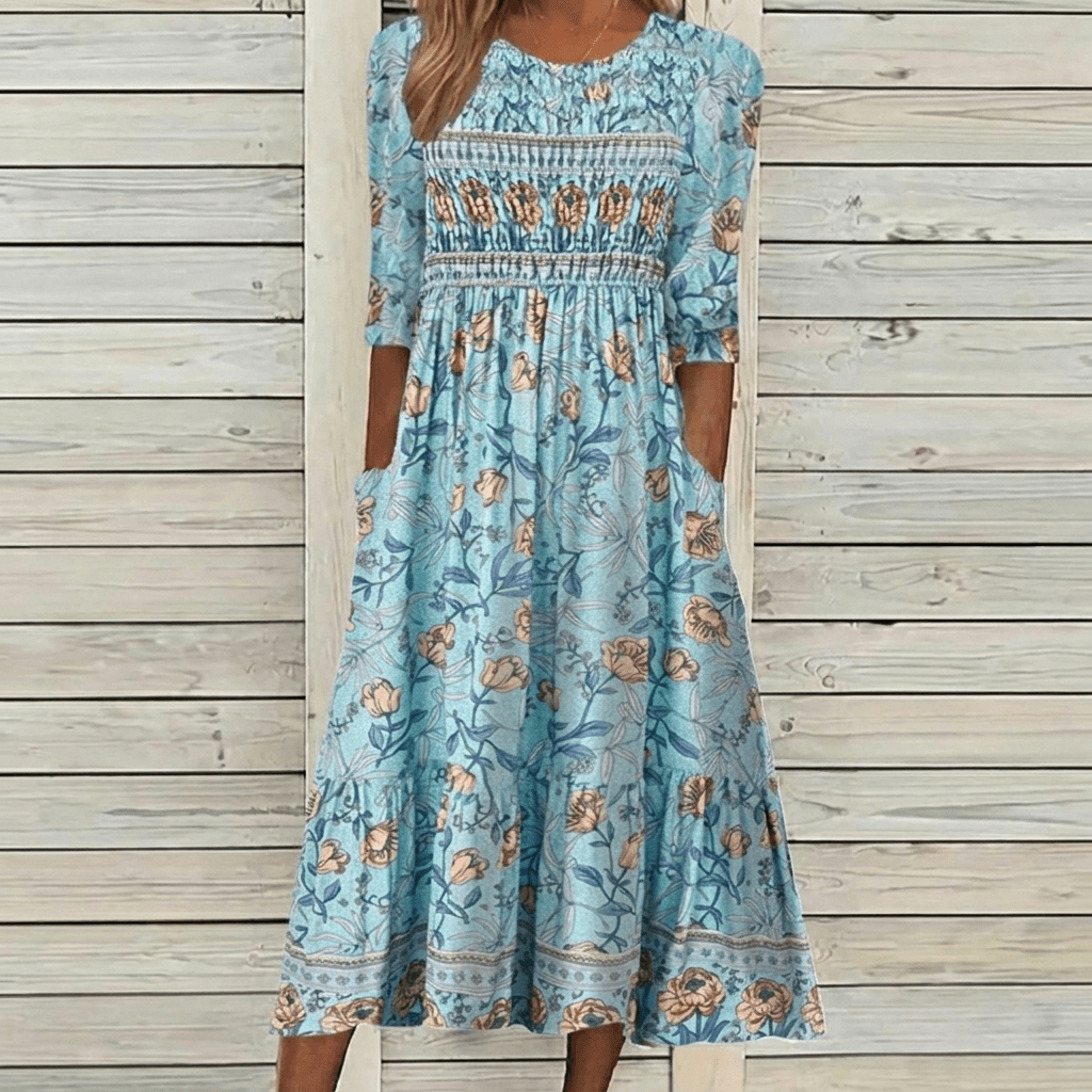 Women's Floral Smocked Midi Dress with Puff Sleeves