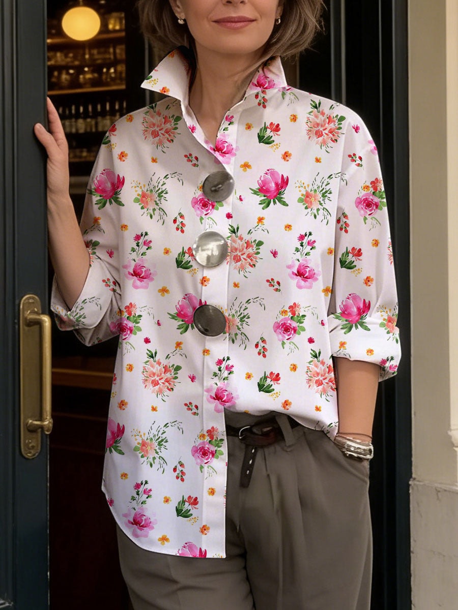 Oversized Floral Linen-Blend Button-Up Shirt with Rolled Long Sleeves
