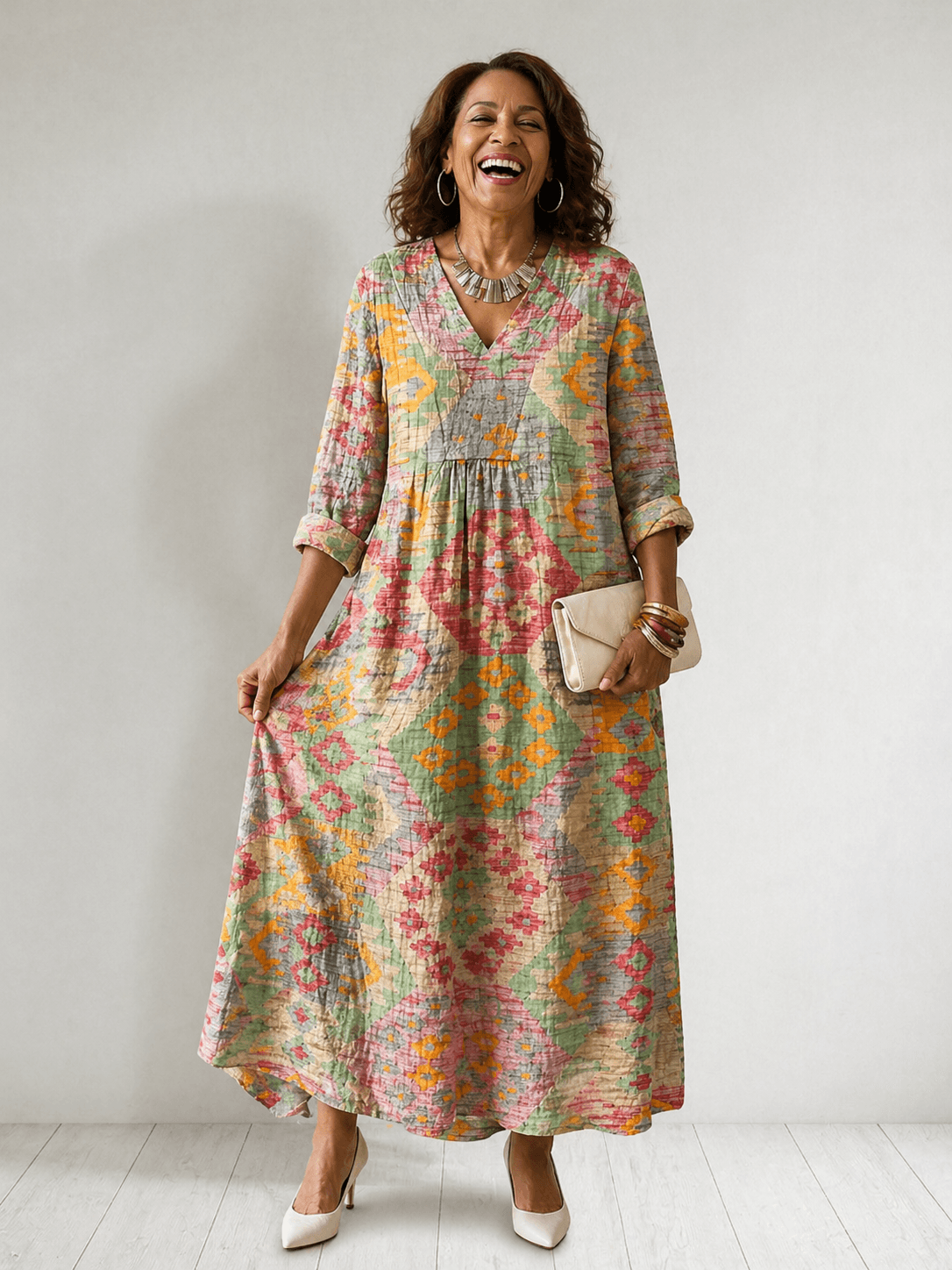 Virginia Patchwork Print Long-Sleeve Cotton Midi Dress for Women