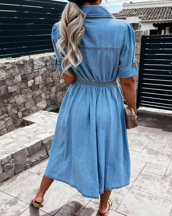 Margaret Button-Down Denim Midi Dress with Collar for Women