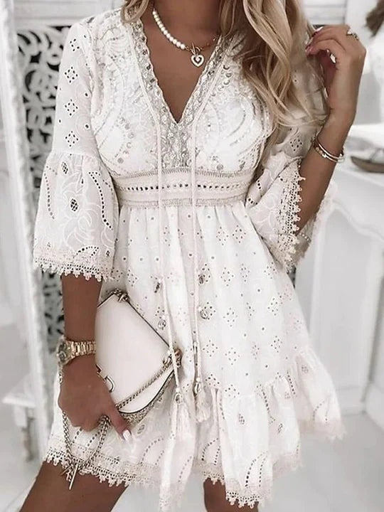 Embroidered Boho Cotton Blend Midi Dress with Flare Sleeves for Women