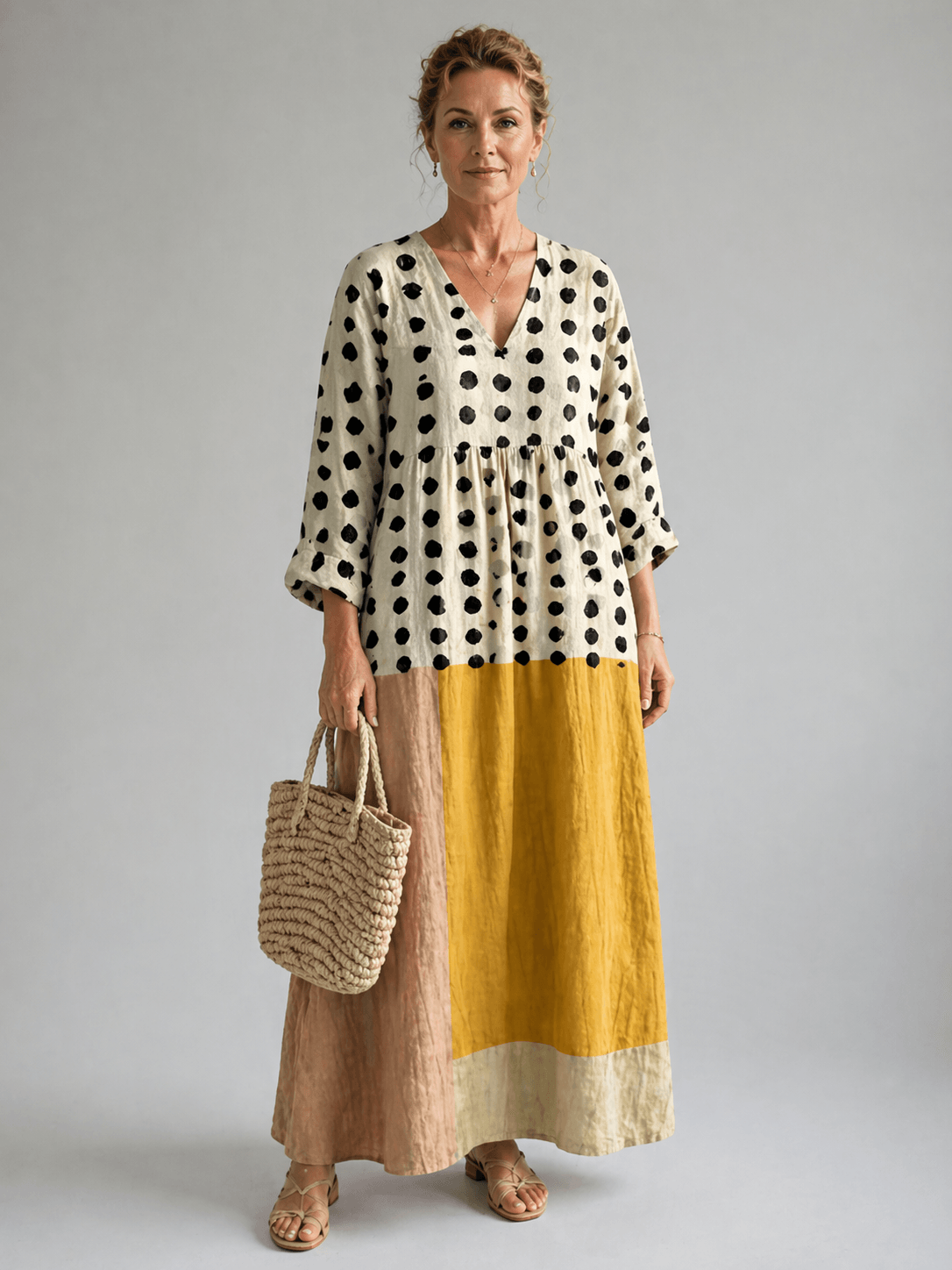 Colourblock Polka Dot Long Sleeve Midi Dress with V-Neck