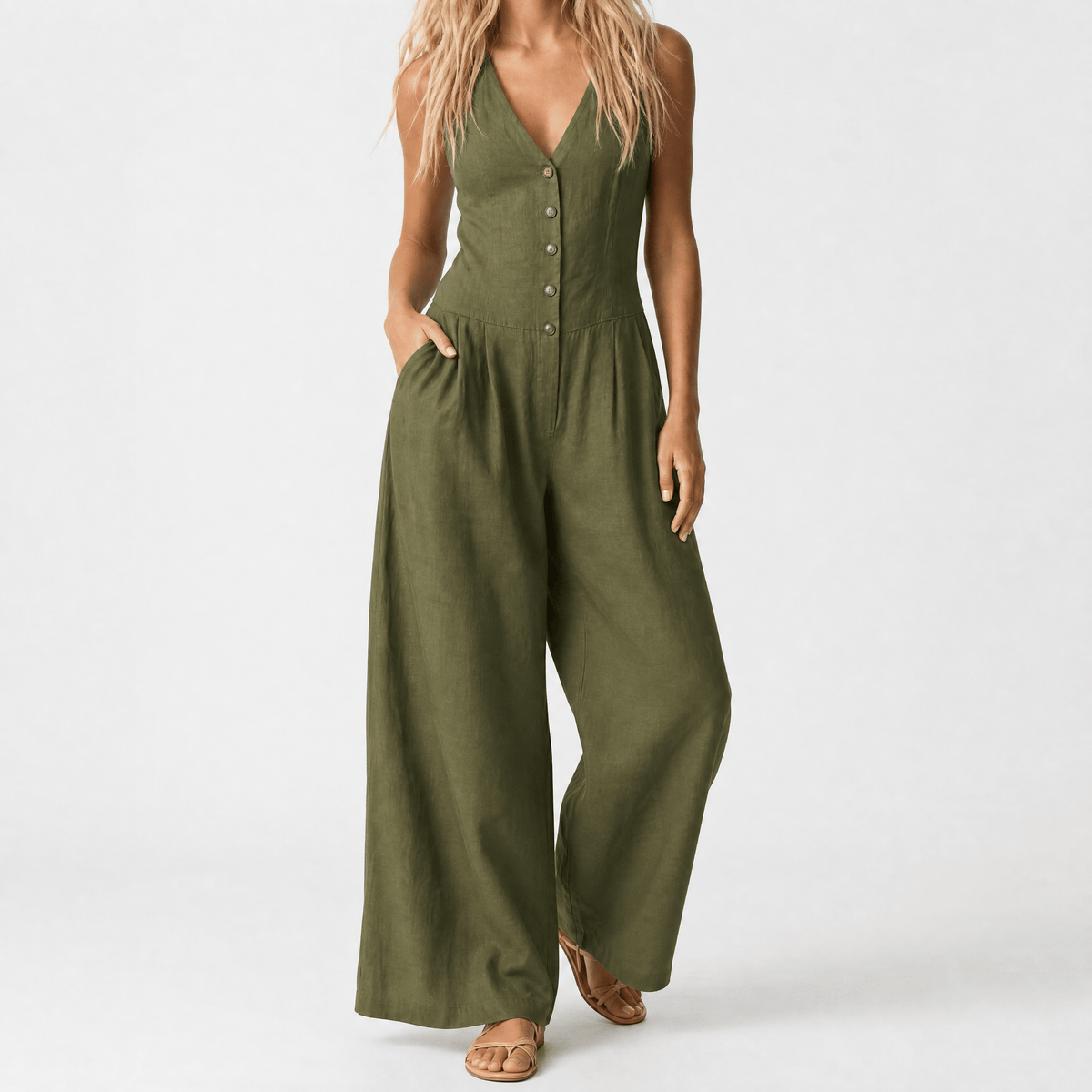 Lunavia Women's Button-Front Wide-Leg Jumpsuit with Pockets