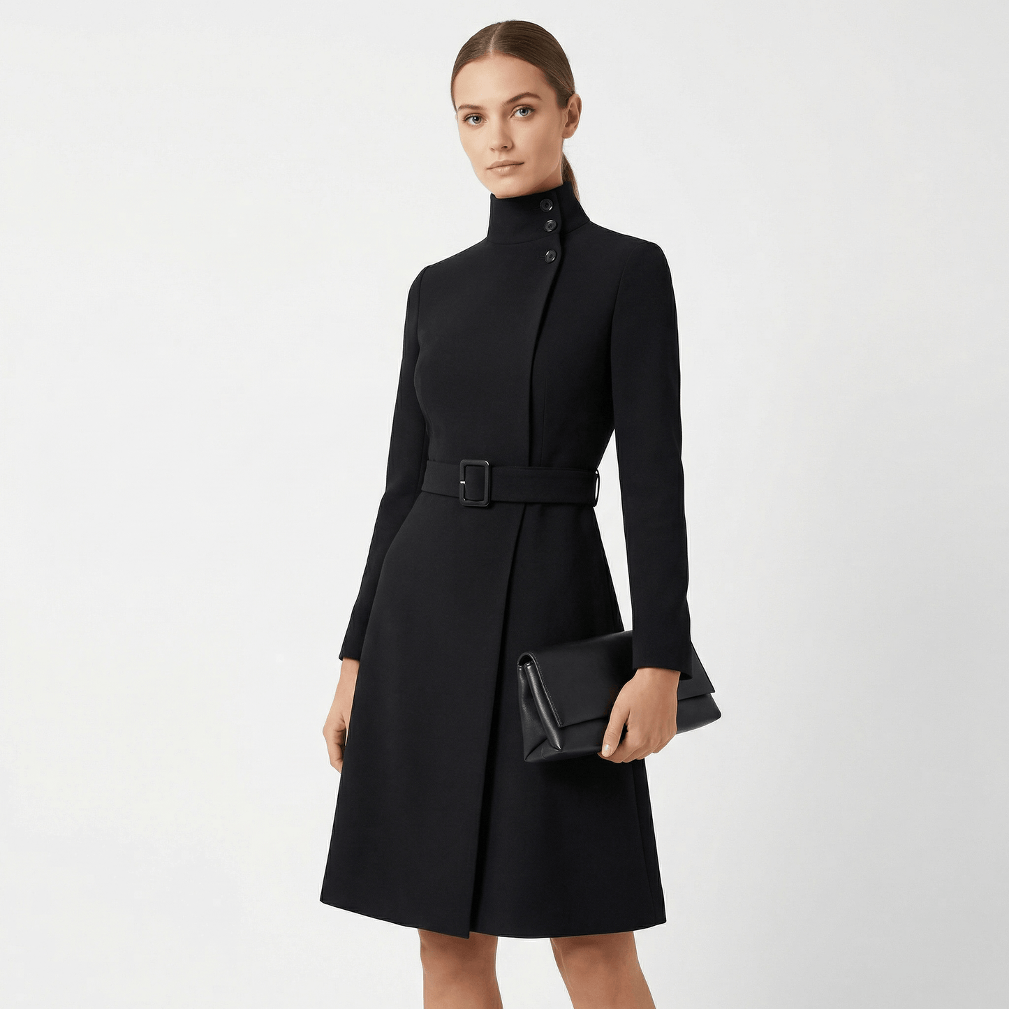 Genevieve Moretti Belted Long Sleeve Midi Dress with Stand Collar