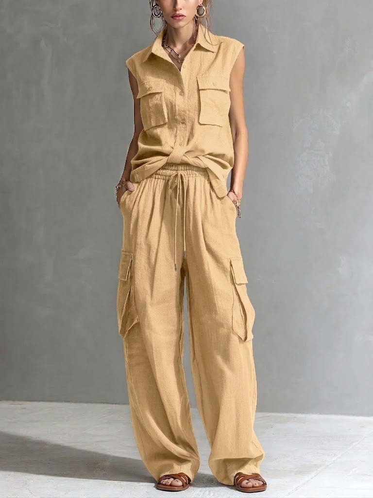 Velmira Linen Two-Piece Co-Ord Set with Sleeveless Shirt and Cargo Pants