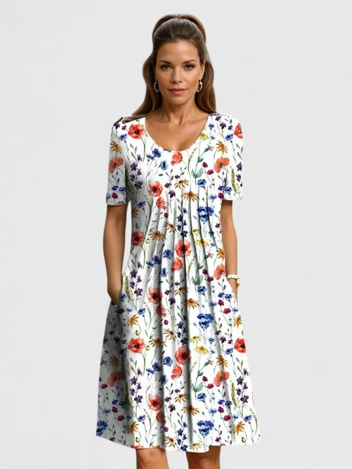Floral Pocketed Pleated Fit and Flare Women's Midi Dress