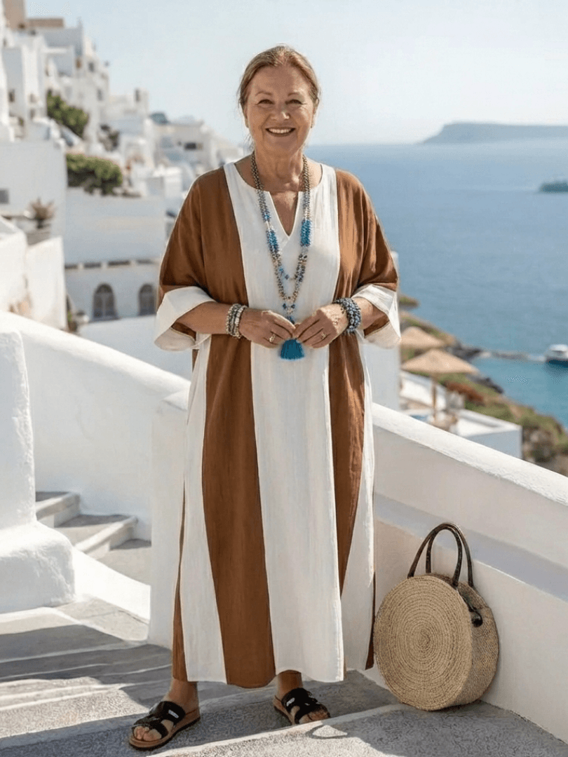 Calindra Colour-Block Short-Sleeve Maxi Dress with Relaxed V-Neck Fit