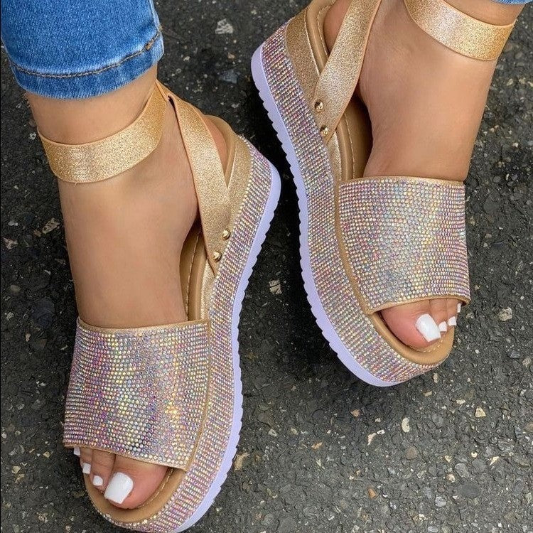 Women's Sparkly Diamante Open-Toe Platform Sandals with Ankle Strap