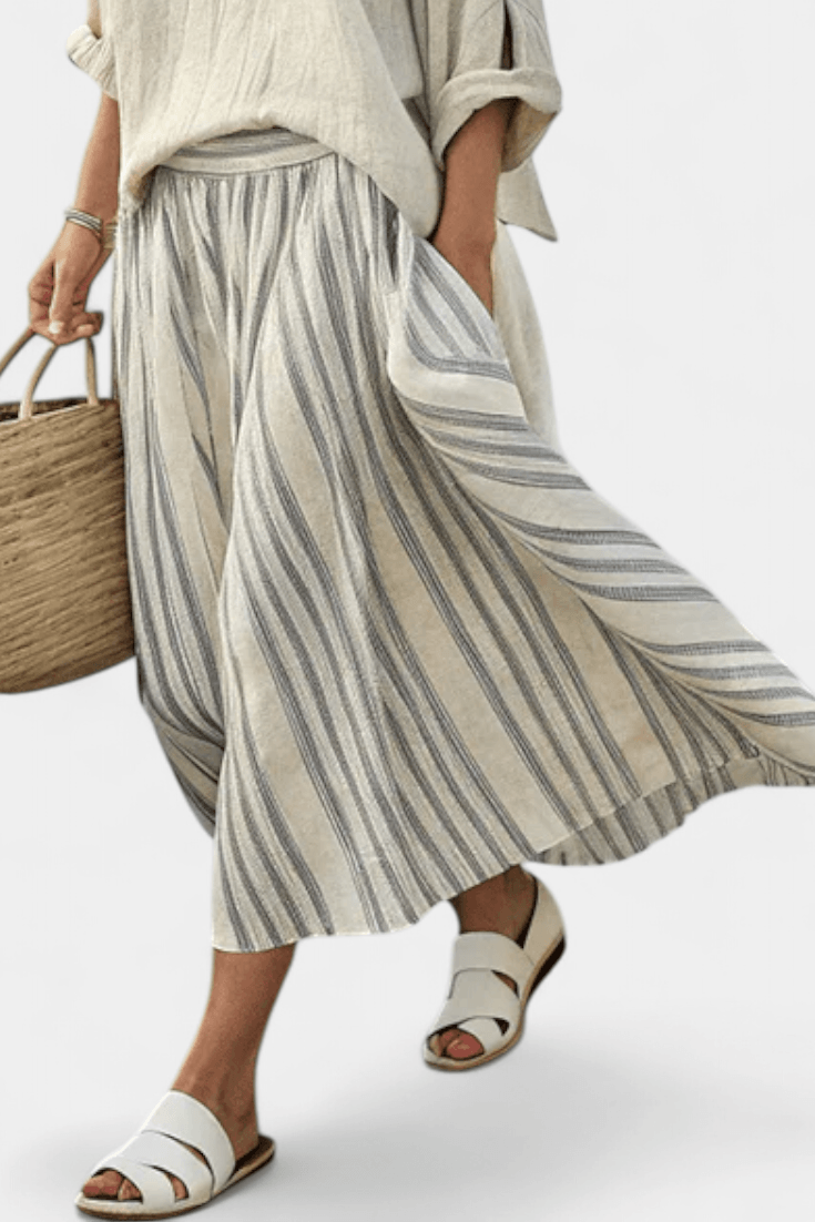Matching Two-Piece Set with Loose Linen Blouse and Striped Midi Skirt