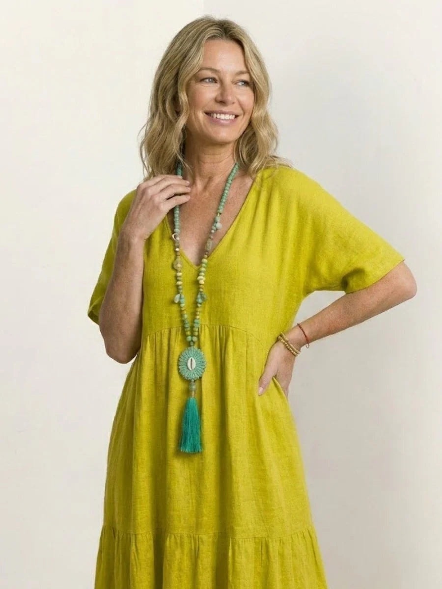 Women's Tiered Ruffle V-Neck Midi Dress with Short Sleeves in Polyester