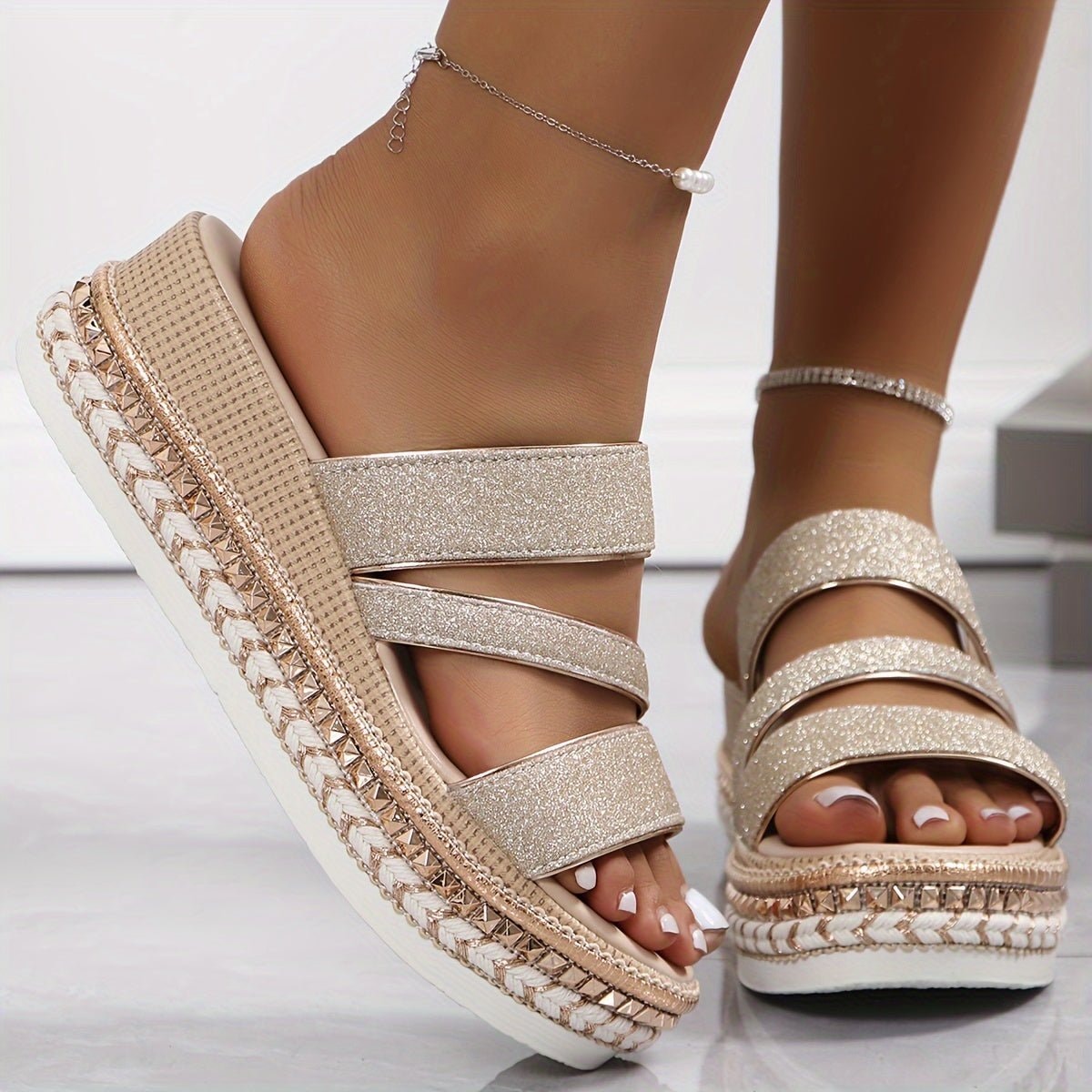 Imogen Calloway Glitter Platform Sandals with Rhinestone Ankle Strap for Women