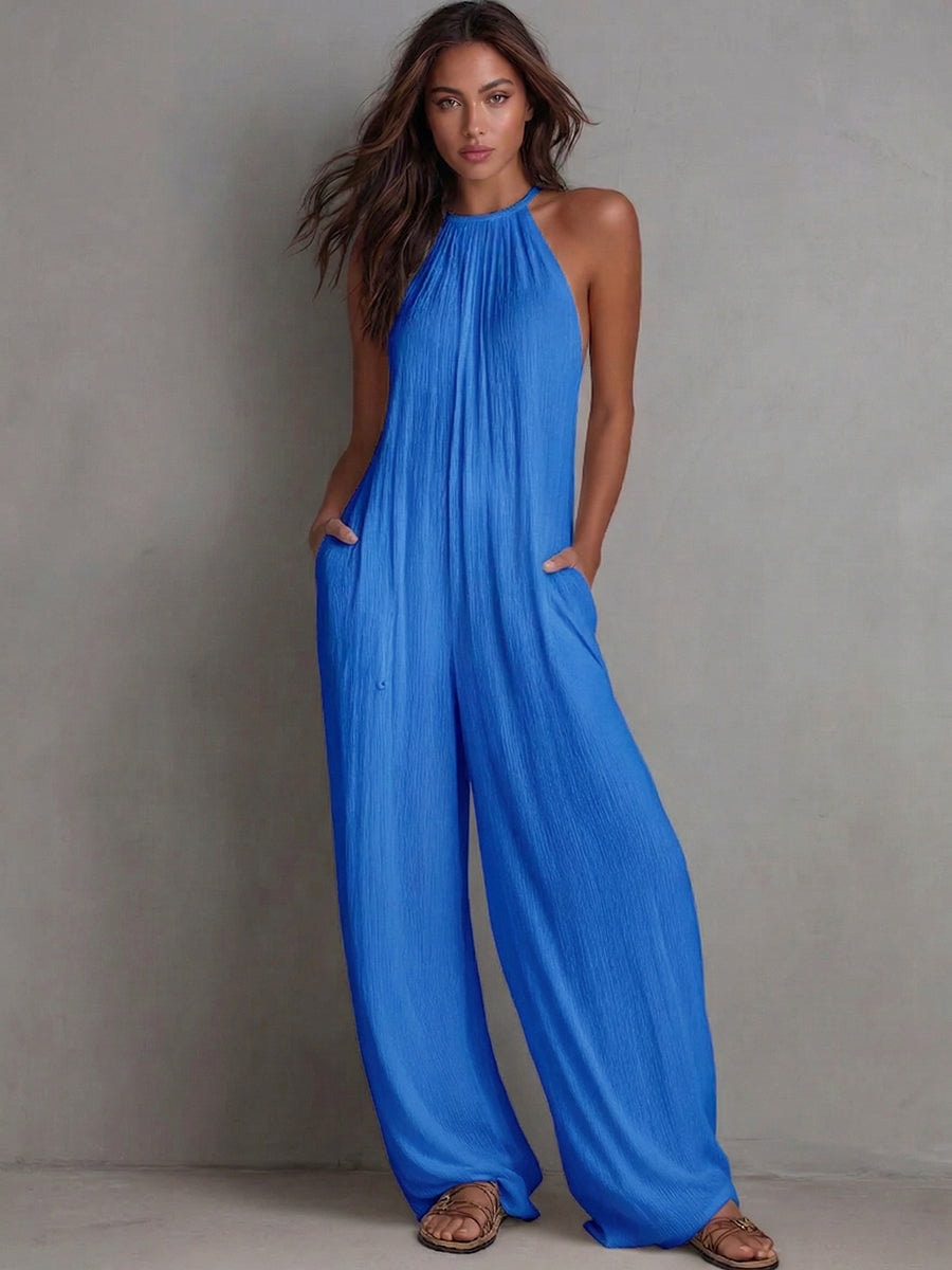 Women's Halter Neck Wide-Leg Linen Jumpsuit with Pockets