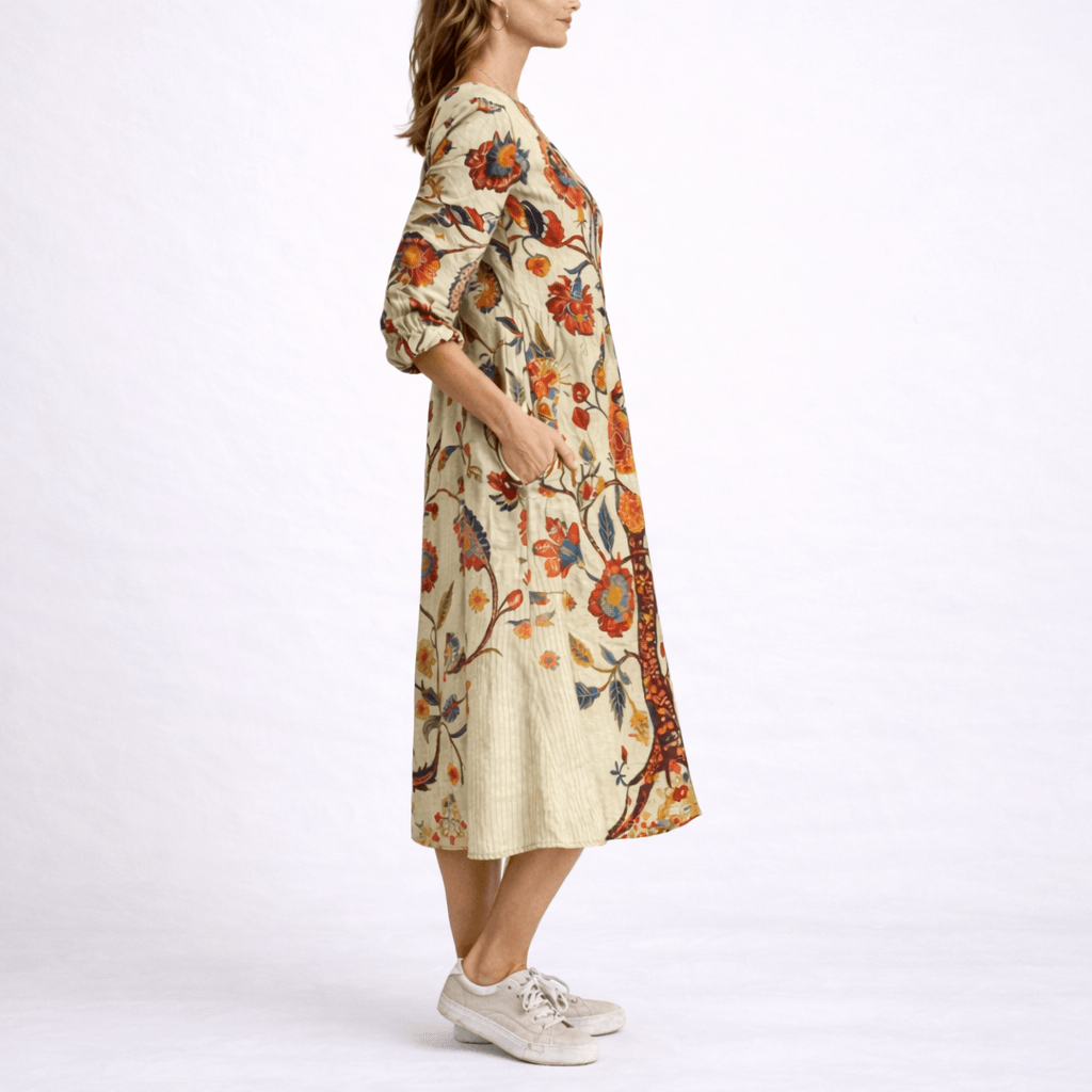 Floral Linen Women's Summer Midi Dress with Three-Quarter Sleeves